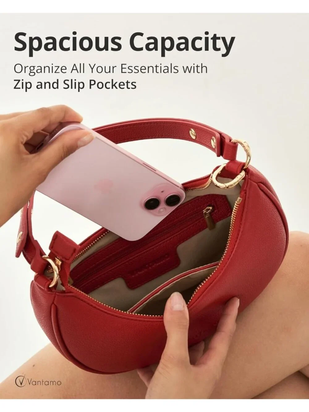 Vantamo Women's Bag Red Half Moon Clutch with Anti-Theft Clip for Extra Safety